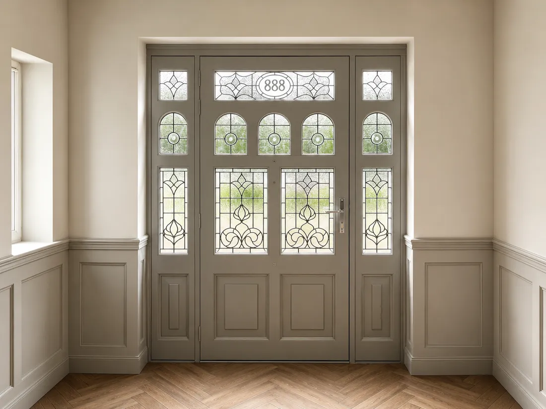 The same entrance assembly seen from the panelled hall, leaded sidelights and fanlight throwing patterned light across the floor