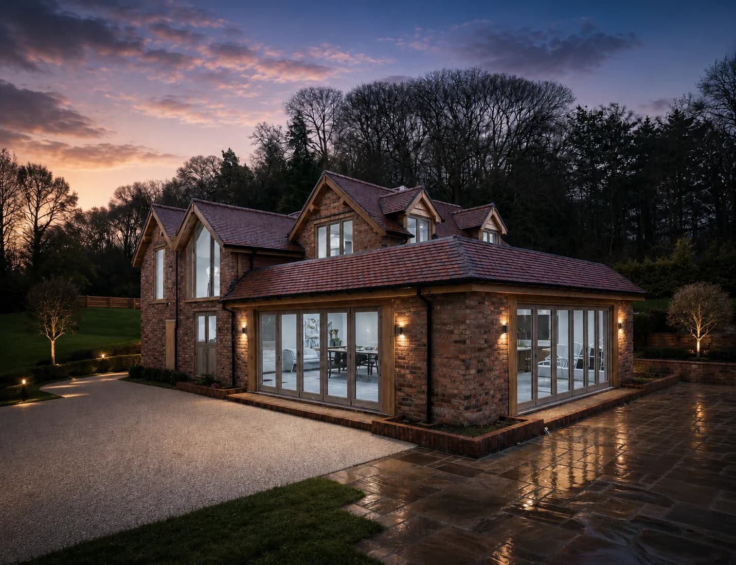 Oak-framed glazed garden room and orangery at dusk, brick plinth and slate roof, extending a period Cheshire country house