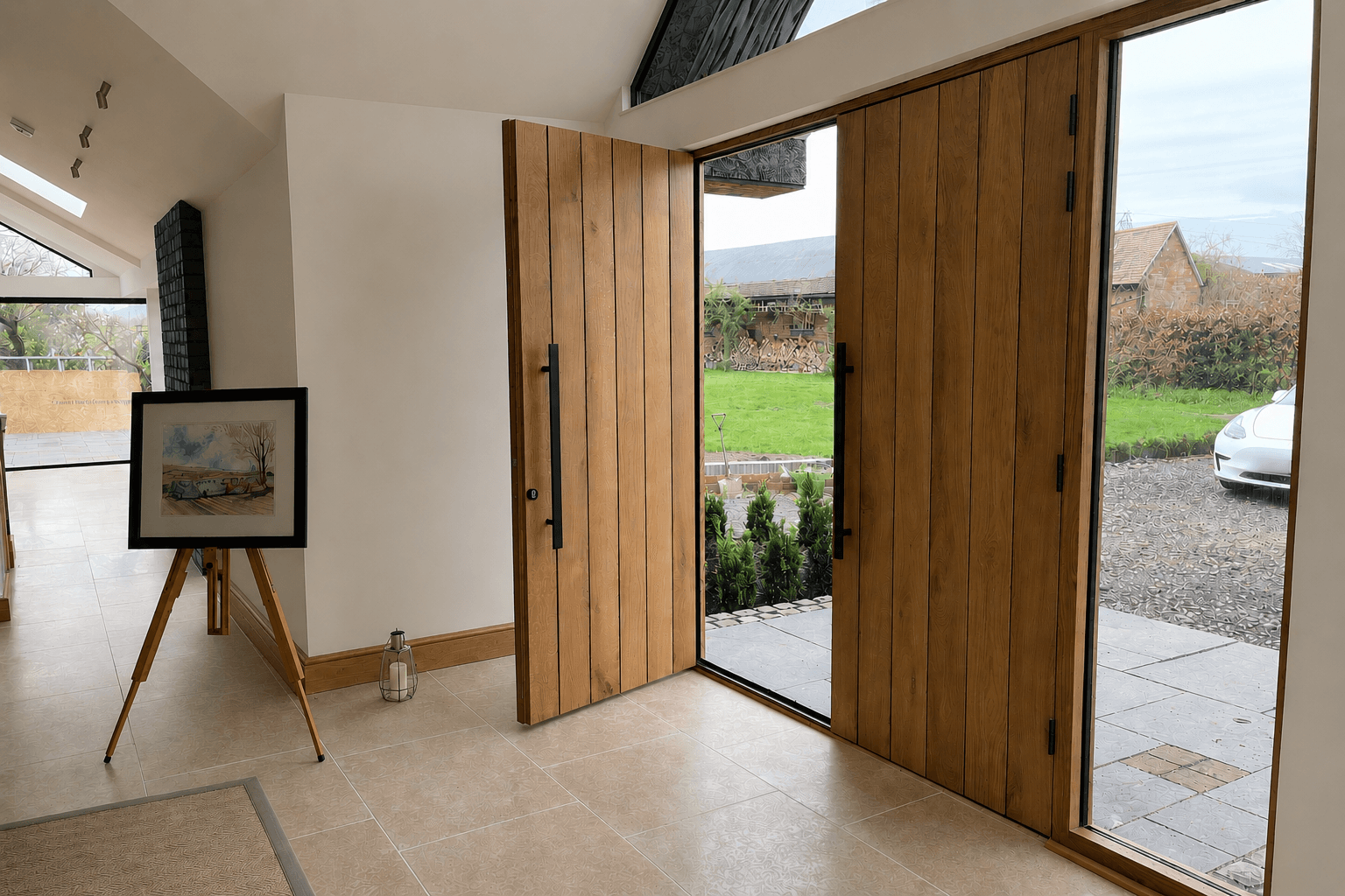 Oak boarded pivot entrance doors by We Are Woodland, open from a vaulted glazed hallway onto a rural Shropshire garden