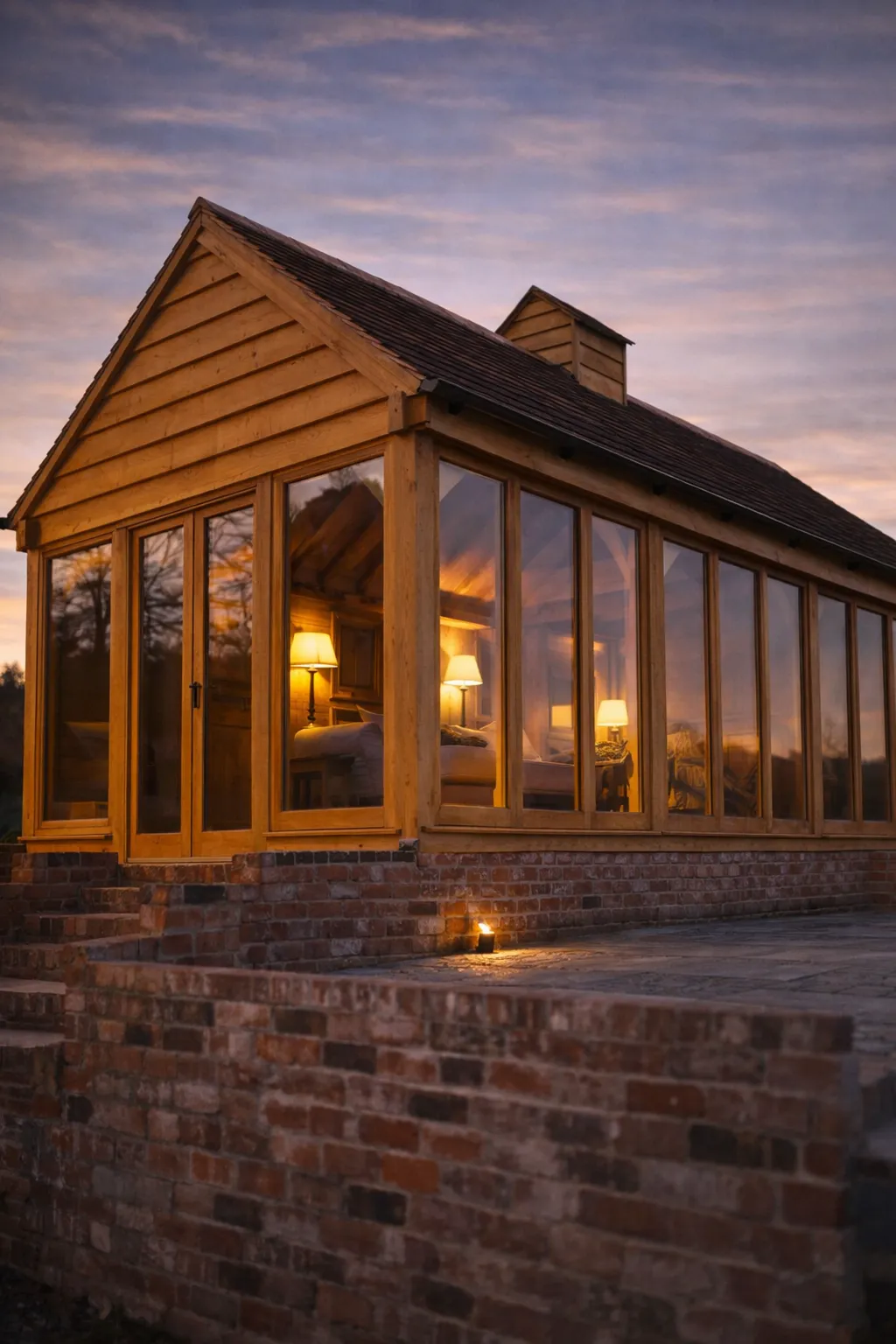 A green oak framed garden room with glazed doors and a slate roof, joined to a period brick house