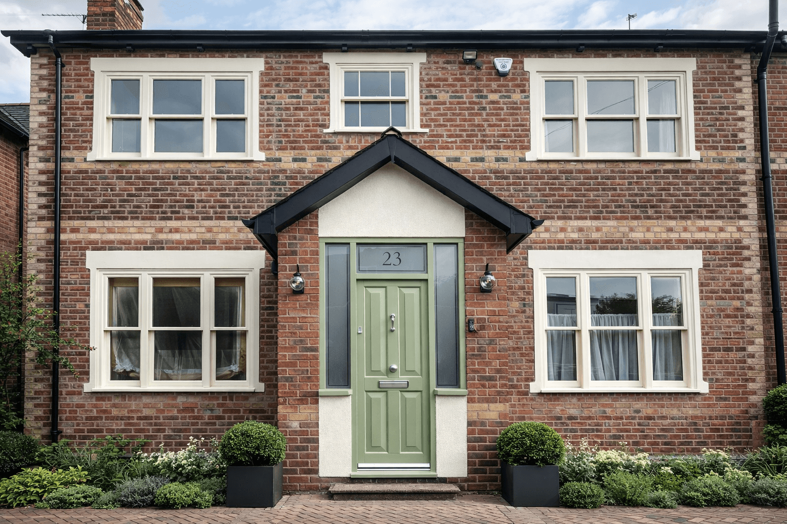 Sage-green panelled timber entrance door beneath a gabled porch canopy on a red-brick period house