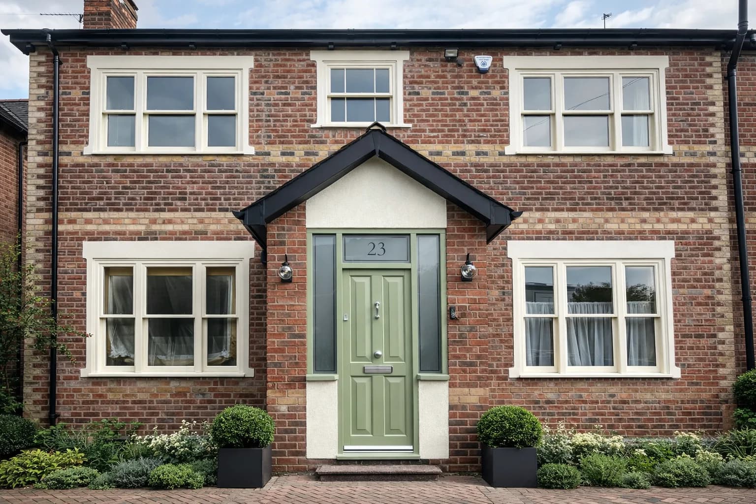 Sage-green panelled timber entrance door beneath a gabled porch canopy on a red-brick period house