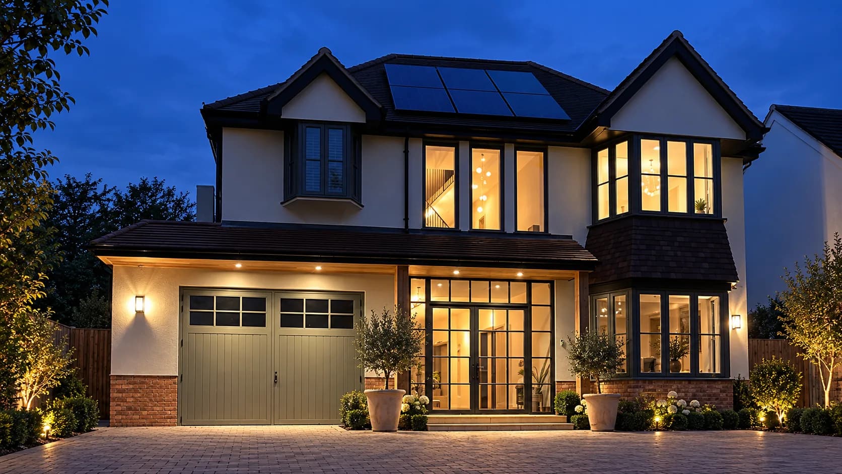 Rendered house lit at dusk with a pair of sage-green timber garage doors to one side and black-framed glazing across the front