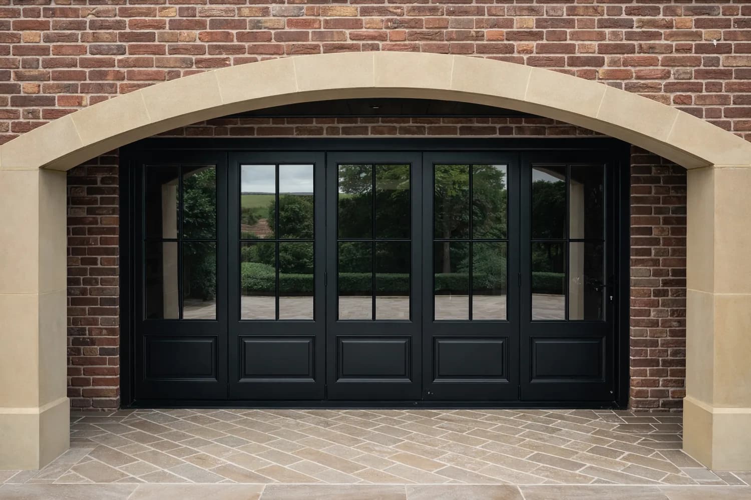 Black glazed entrance screen set within a stone arch, the glazing bars dividing the opening into four