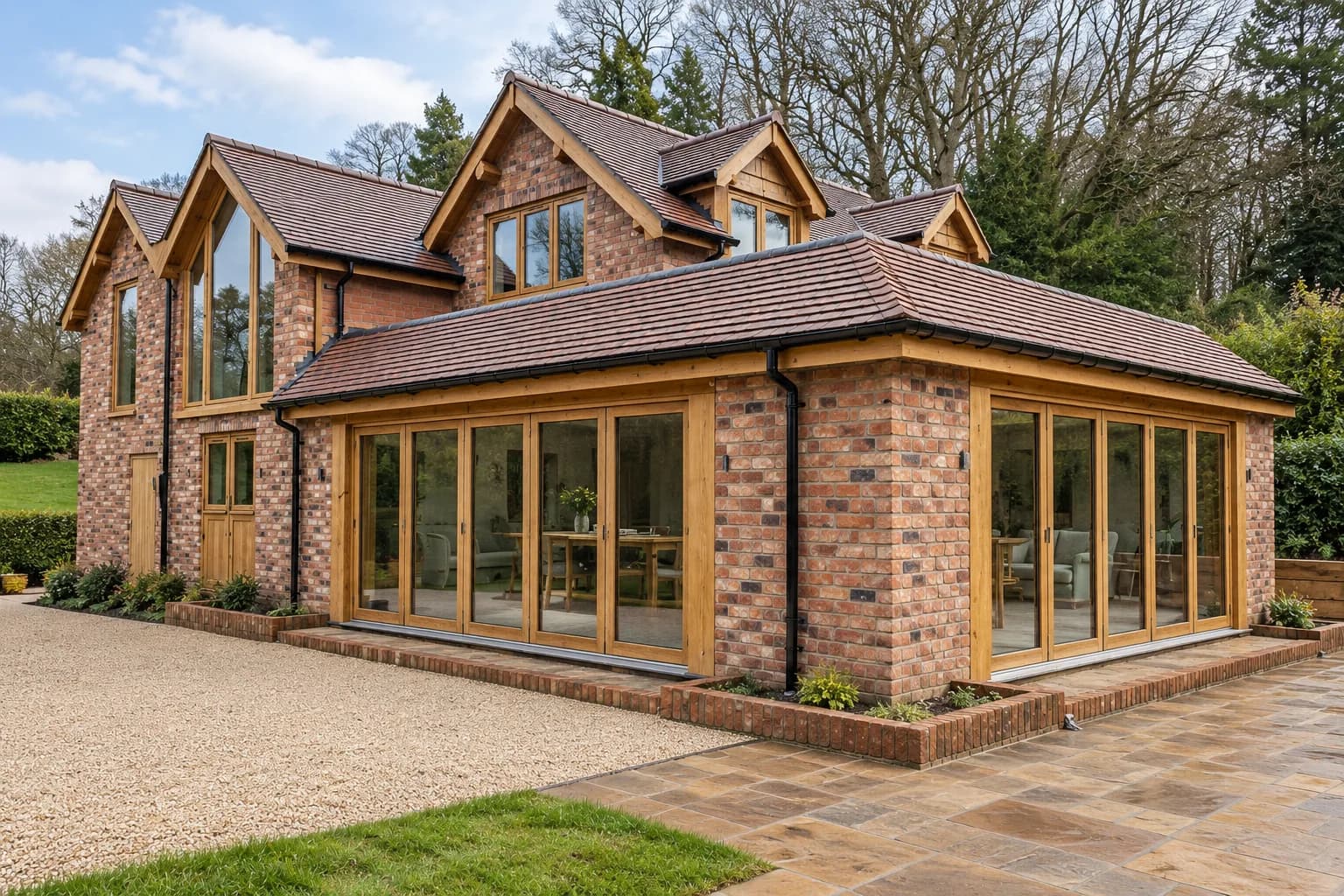 Oak-framed garden room wrapping the corner of a brick house, oak bifold doors filling both elevations beneath a tiled roof