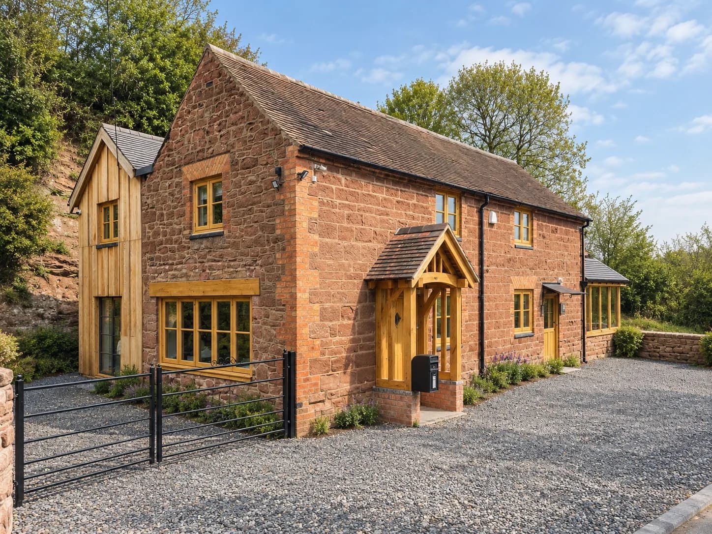 Red sandstone and brick barn conversion with European oak windows, an oak porch and an oak-clad gable, seen from the drive