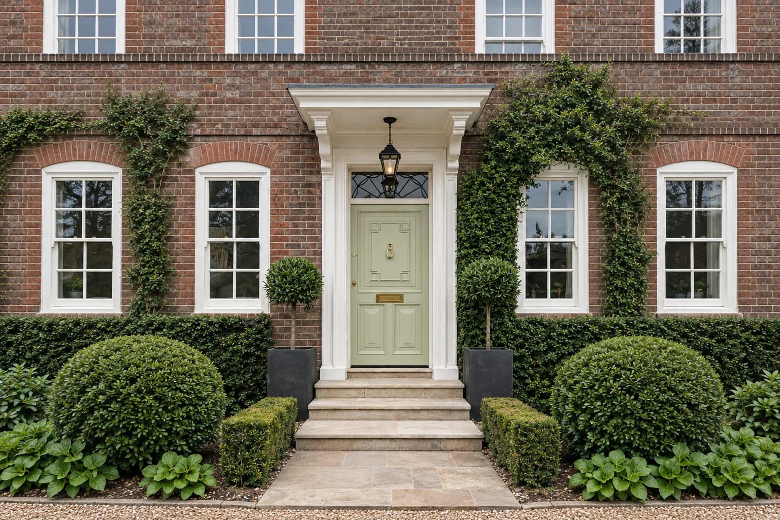 Sage-green period front door under a pedimented portico with a fanlight above, on a red brick house with white sash windows and climbers either side