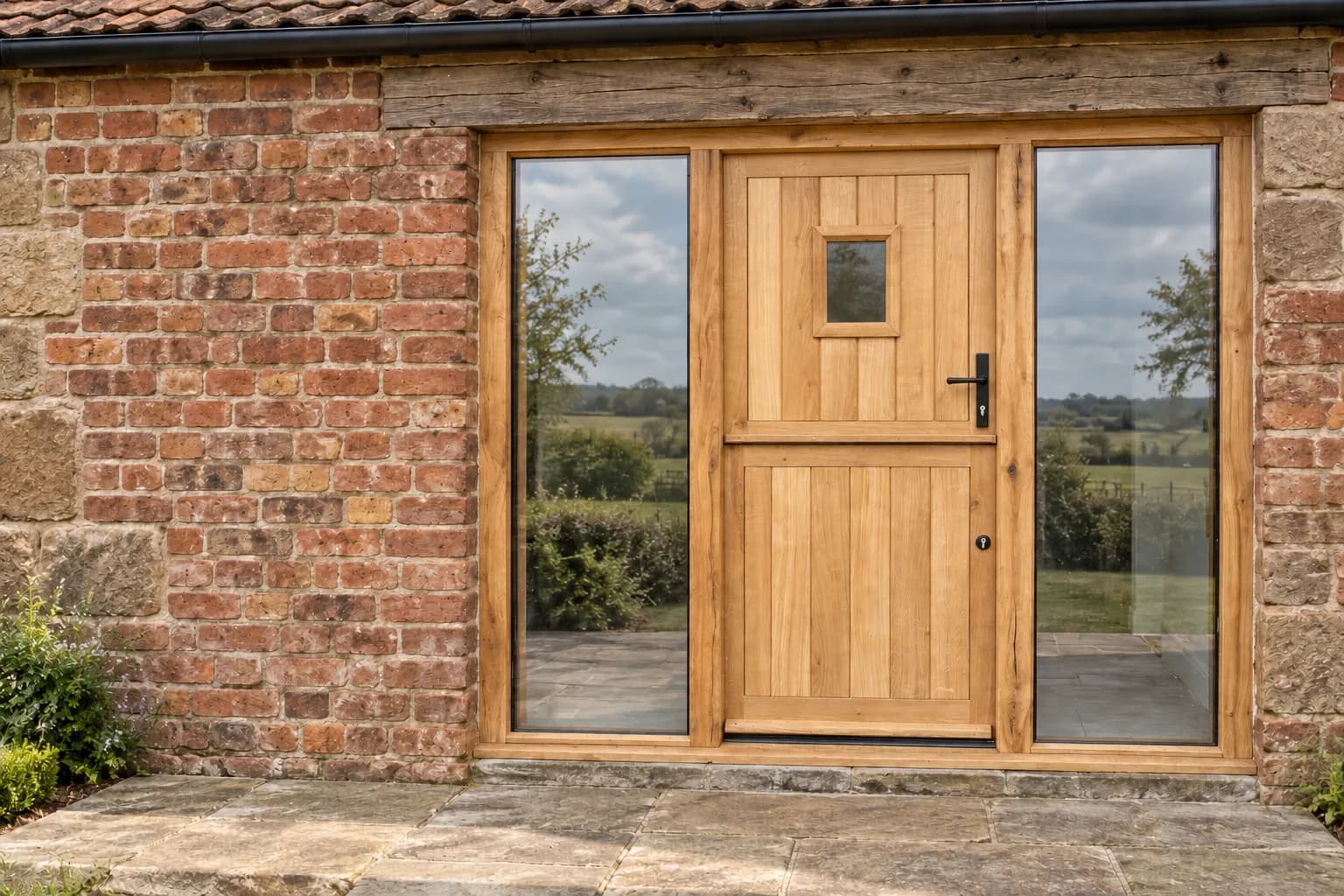 Oak stable door with a small square light, between full-height glazed sidelights that carry the view through to open fields, in a brick and stone barn elevation