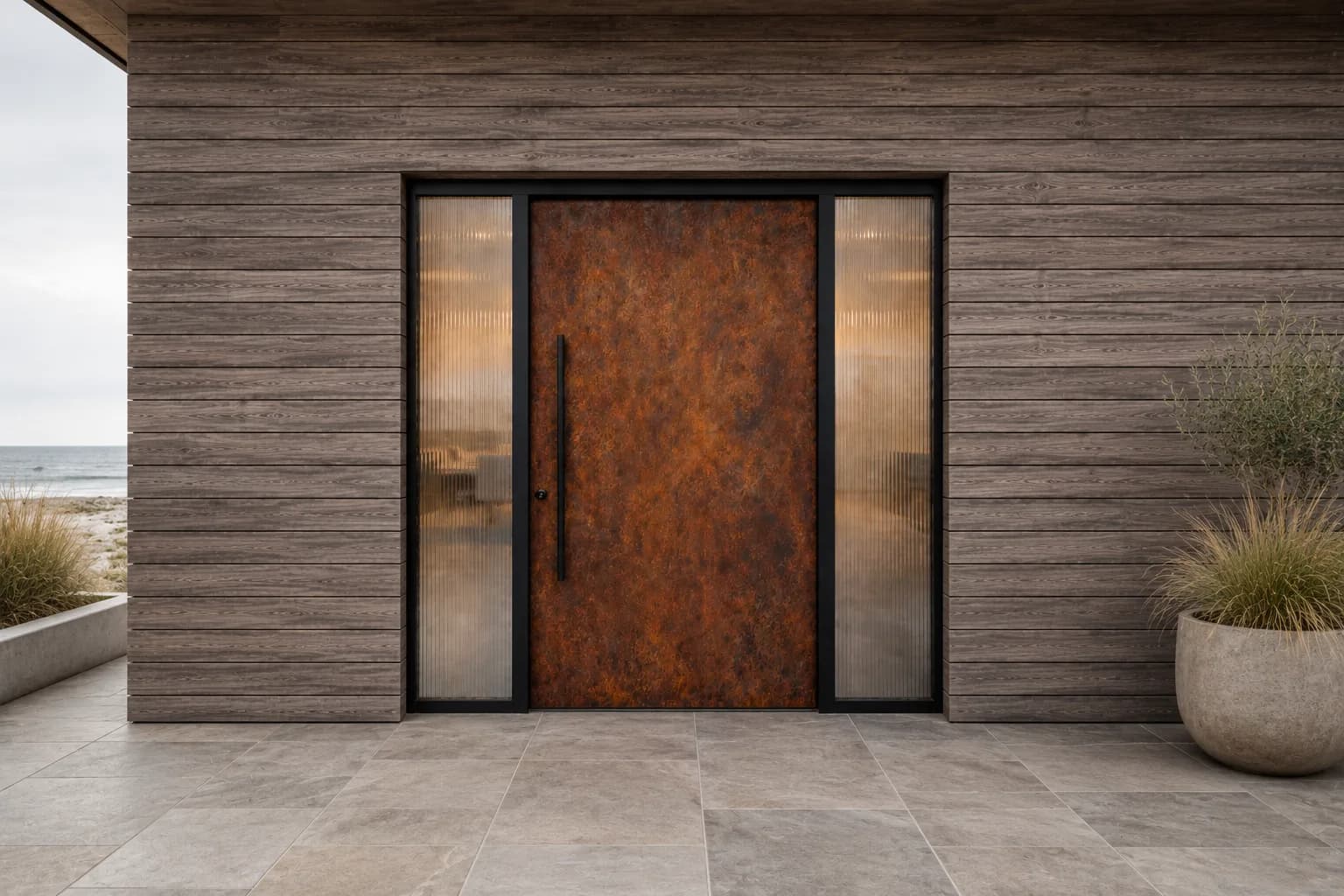 Corten-faced timber pivot front door with reeded glass sidelights