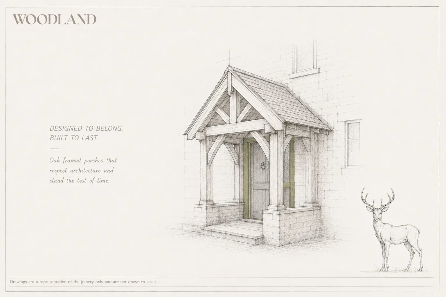 Architectural pencil drawing of an oak-framed gabled porch with braced trusses on stone piers, against a stone elevation
