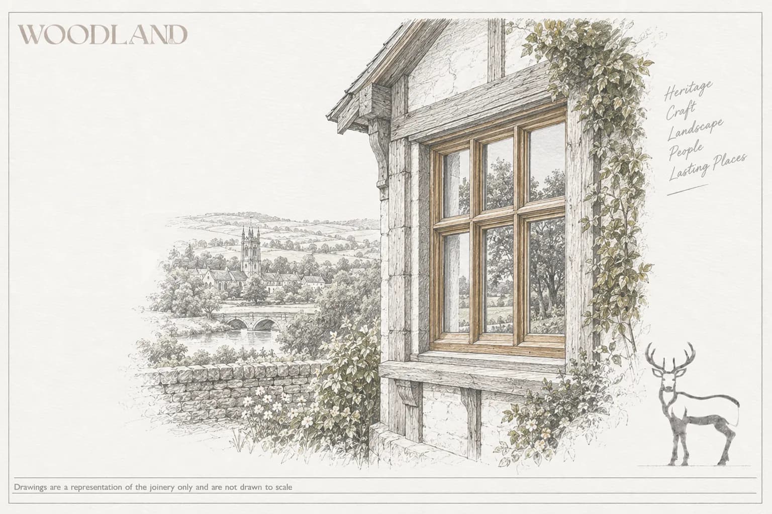 Architectural pencil drawing of an oak-mullioned window with leaded lights in a timber-framed elevation, with a church and river valley beyond