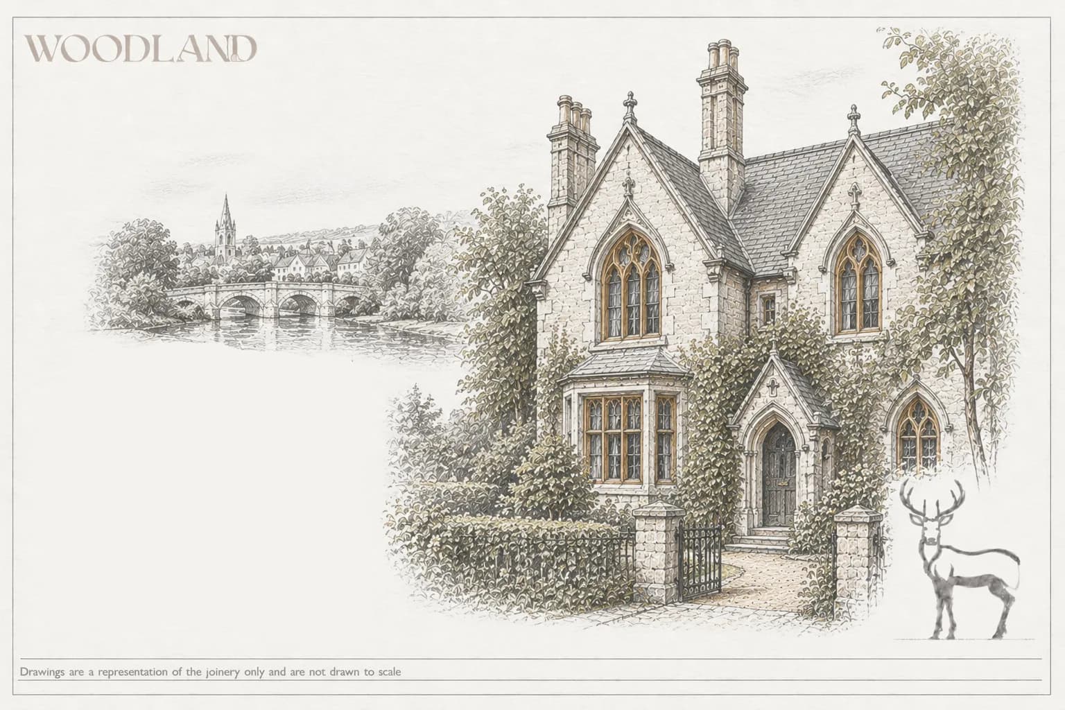 Architectural pencil drawing of a North Oxford Gothic Revival villa in limestone with cusped pointed windows, and a Thames bridge and spire in the valley beyond