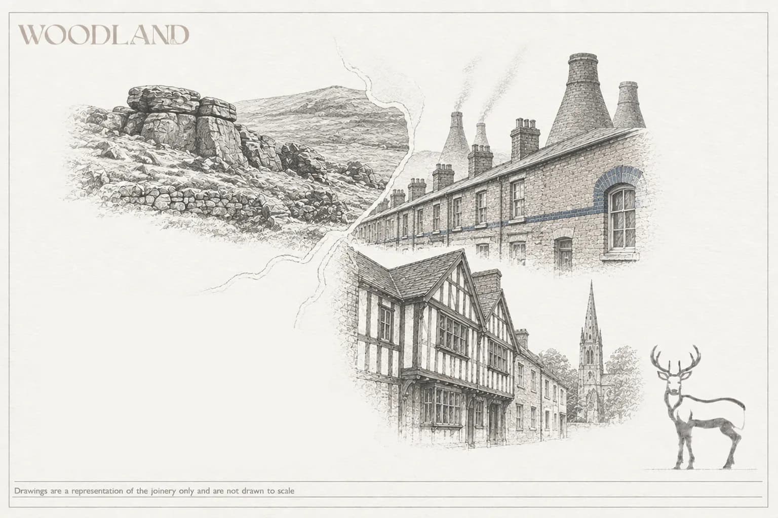 Architectural pencil drawing showing three Staffordshire building traditions at once: a gritstone moorland edge, a brick terrace with blue-brick banding beneath bottle kilns, and a timber-framed town house on a Georgian street