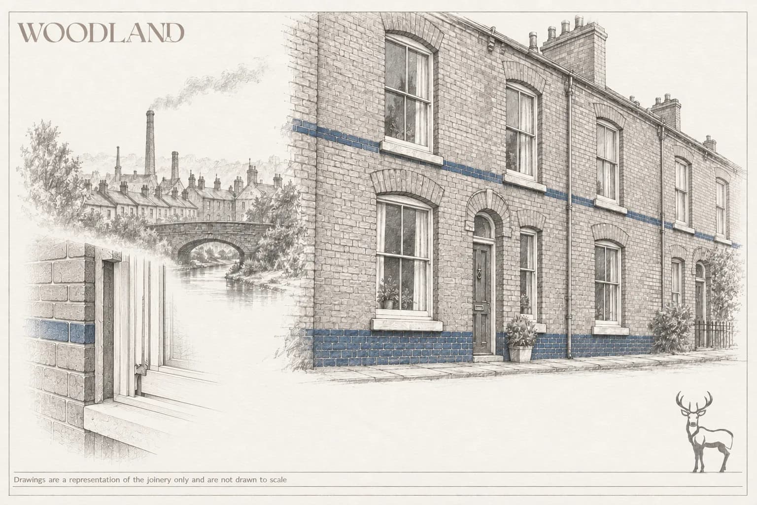 Architectural pencil drawing of a red-brick terrace with segmental brick arches over sliding sash windows and a Staffordshire blue engineering brick plinth and banding course, with Black Country rooftops, a works chimney and a canal bridge beyond, and a section through the brick reveal at the left