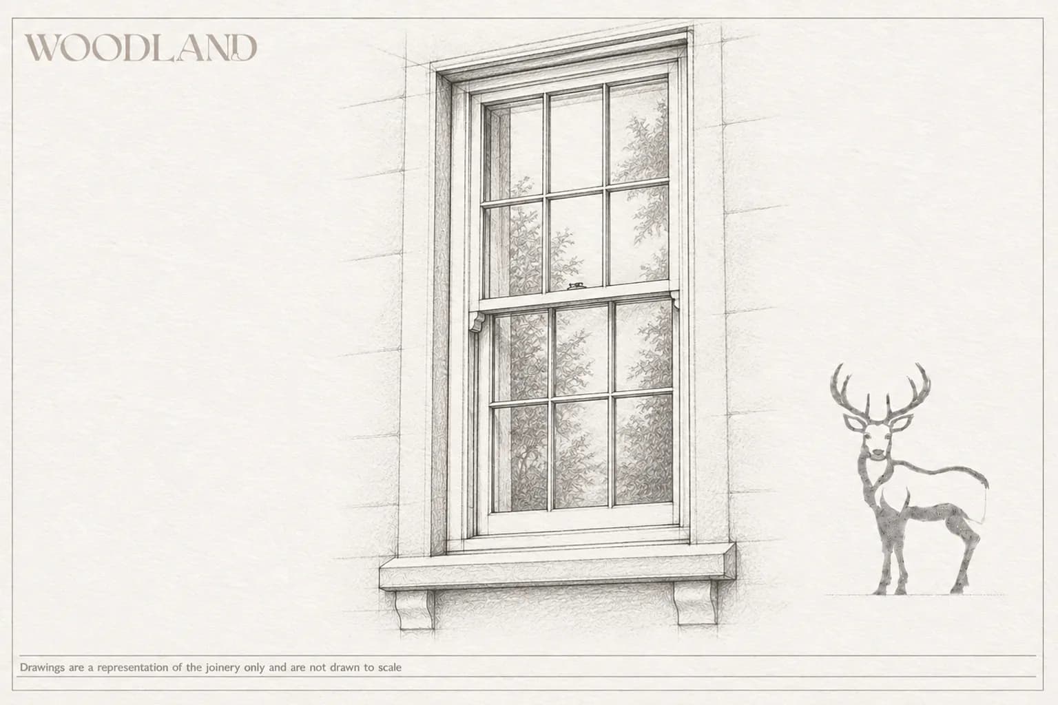 Architectural pencil drawing of a six-over-six sliding sash window in an ashlar stone opening, with slim glazing bars, a sash fastener on the meeting rail and a moulded stone cill carried on shaped brackets