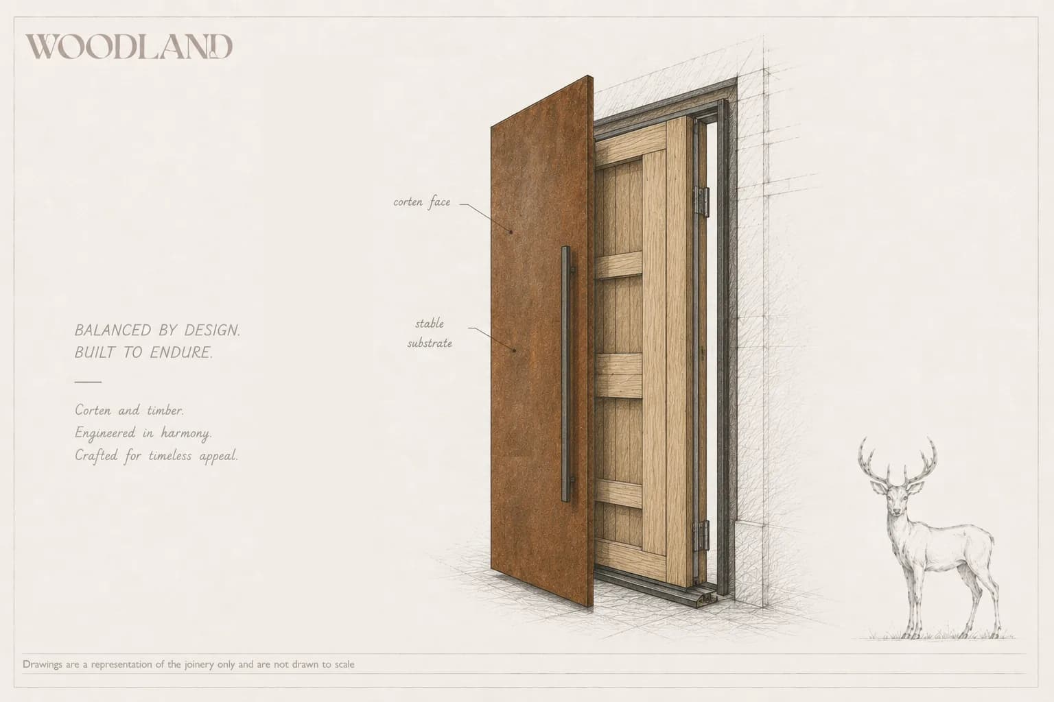 Architectural pencil drawing of a corten-faced door set opened to show the timber substrate behind it, with the corten face and stable substrate annotated