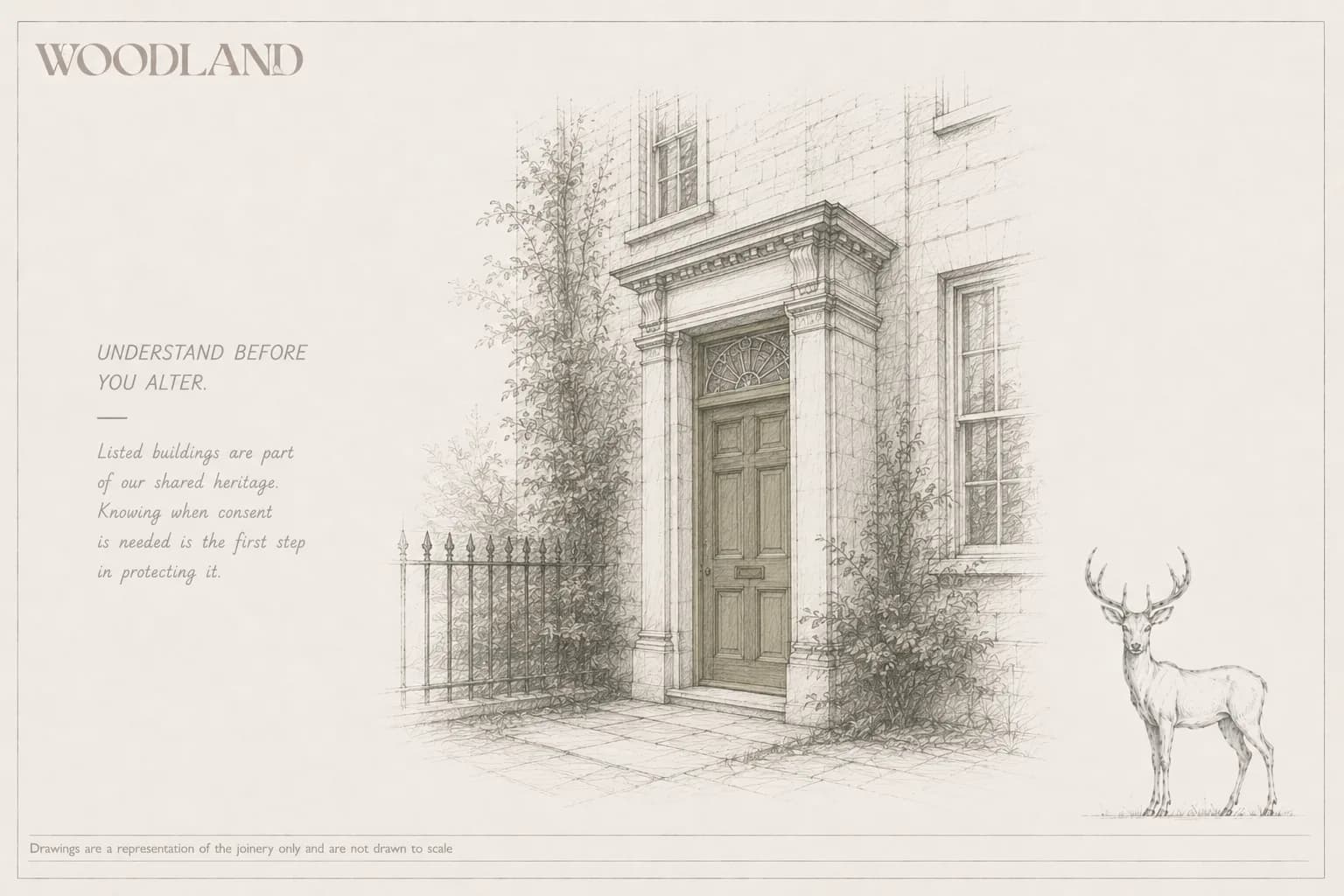 Architectural pencil drawing of a panelled front door under a moulded stone doorcase with a fanlight, on a period ashlar elevation