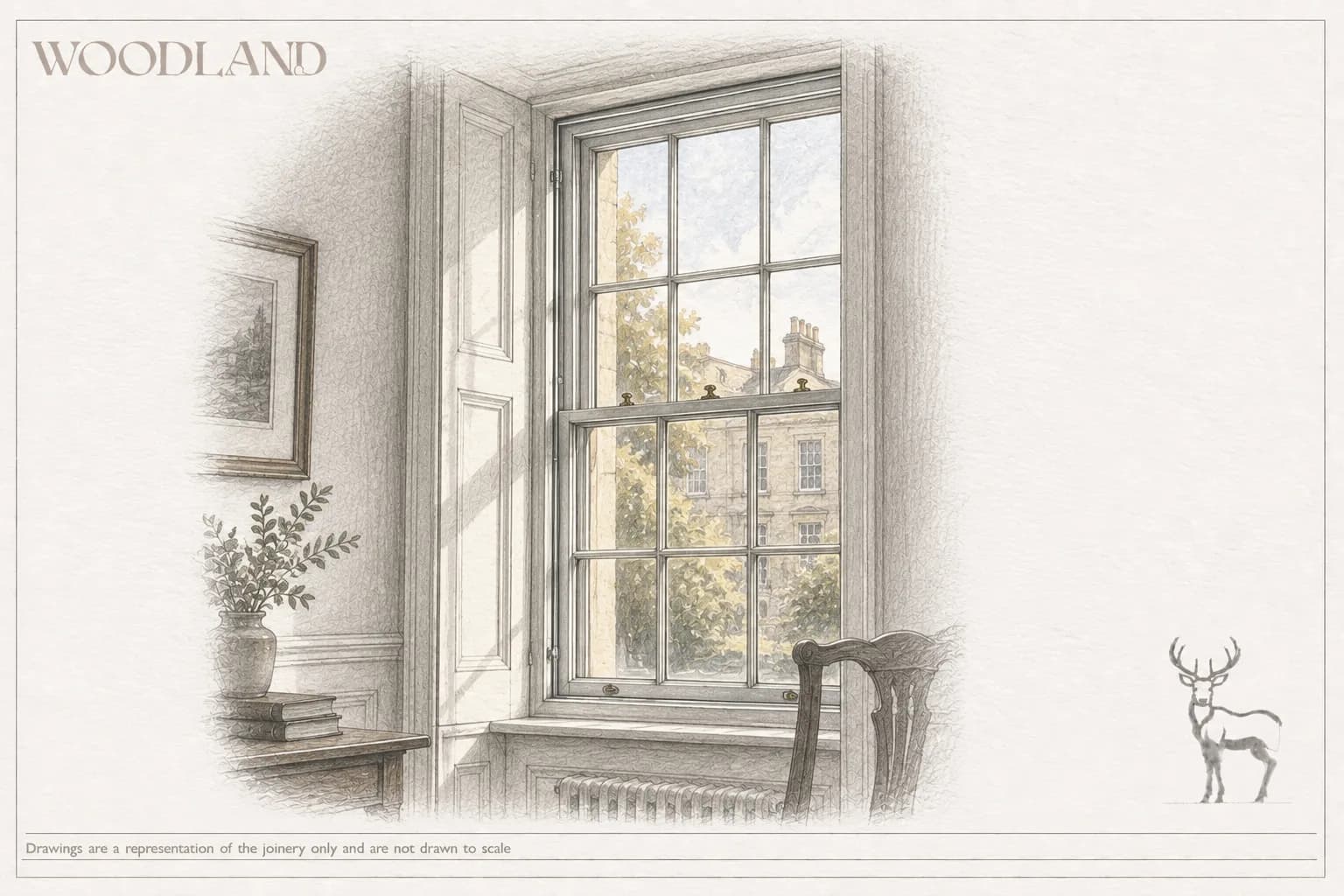 Architectural pencil drawing of a Georgian sash window seen from inside a panelled room, with folding shutters, a window seat, a radiator beneath and a stone terrace and tree in the view outside