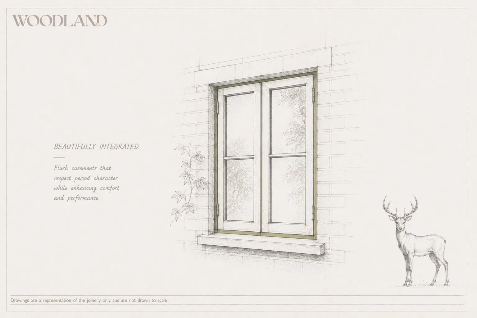Architectural pencil drawing of a pair of flush timber casements set in a brick opening on a stone cill