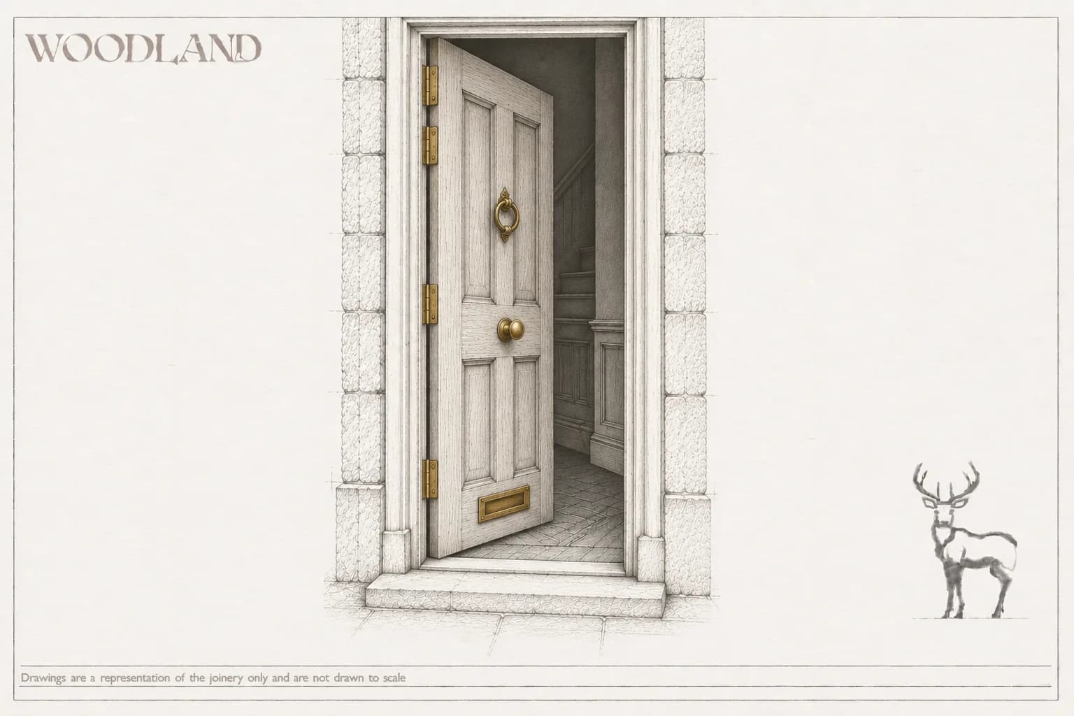 Architectural pencil drawing of a six-panel timber door standing open in a stone surround, three brass butt hinges visible along its edge, with a ring knocker, centre knob and letterplate, and a panelled hallway and staircase beyond