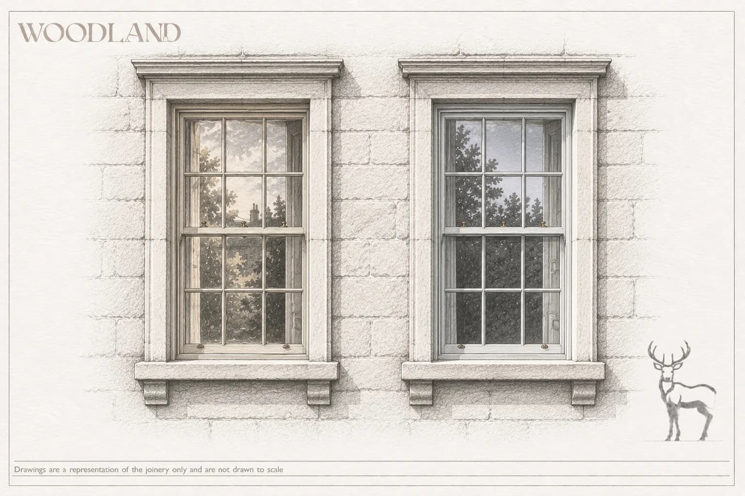 Architectural pencil drawing of two timber sash windows side by side in ashlar stone surrounds, one with the softer glazing bars and older glass of the original and one crisper and newly painted, foliage reflected in both