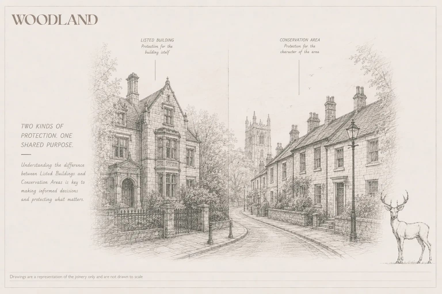 Architectural pencil drawing contrasting a single listed villa with a terrace in a conservation area along the same street, each labelled