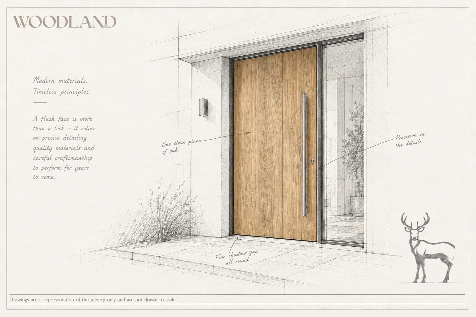 Architectural pencil drawing of a contemporary flush oak entrance door with a full-height slim handle and a glazed sidelight, annotated to point out the single clean plane of oak and the fine shadow gap around it