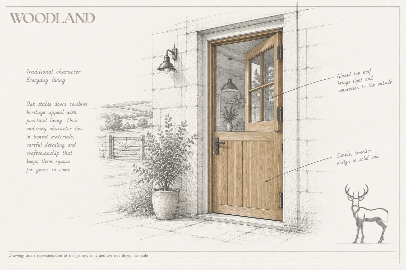 Architectural pencil drawing of an oak stable door in a stone wall with its glazed upper leaf swung open and boarded lower leaf closed, a wall lantern above, a potted shrub alongside, and a five-bar gate and open fields beyond