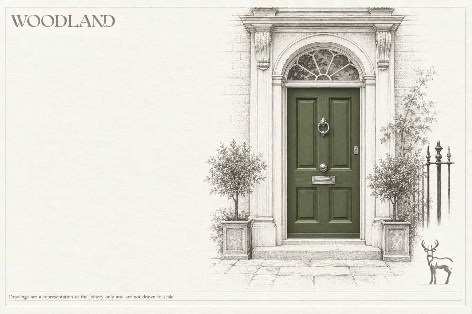 Architectural pencil drawing of a Georgian doorcase with fluted columns and a fanlight, its six-panel door painted dark green, bay trees in square planters either side and iron railings to the right