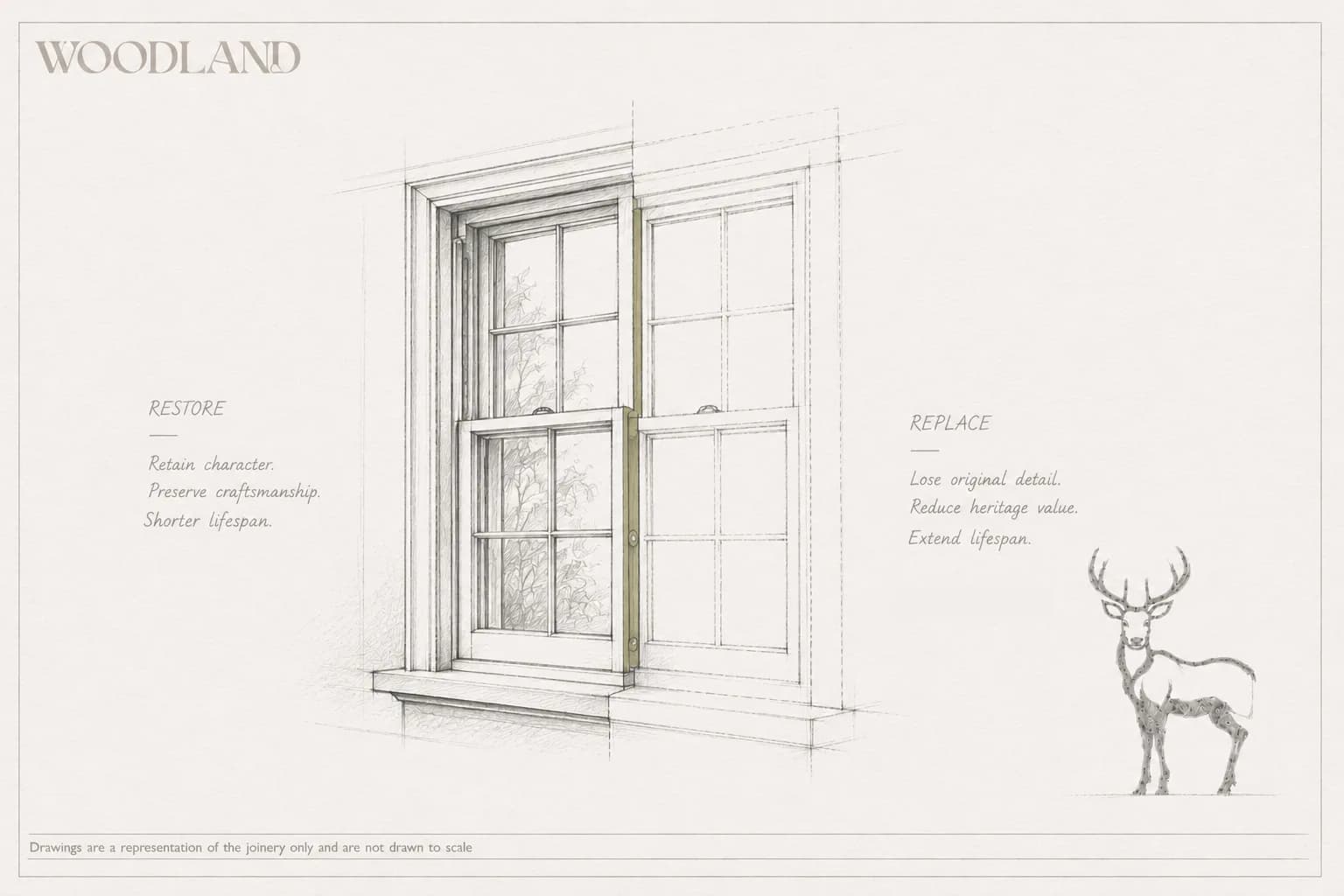 Architectural pencil drawing comparing a restored sliding sash with fine glazing bars against a plainer replacement in the same opening