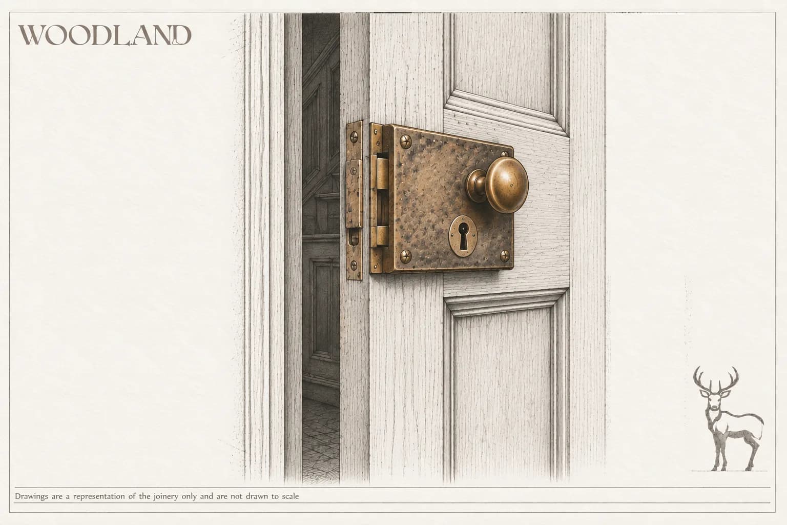 Architectural pencil drawing of a brass rim lock with a turned knob and keyhole mounted on the face of a panelled door, the door standing ajar on a panelled interior