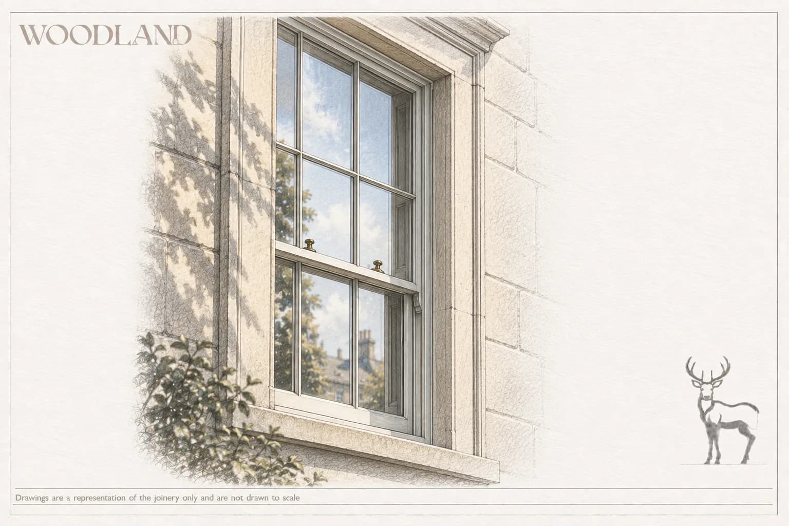 Architectural pencil drawing of a timber sash window in an ashlar stone wall seen at an angle, brass sash fasteners on the meeting rail, with sky, a tree and a chimneyed roofline reflected in the glass