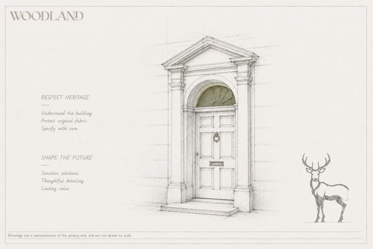 Architectural pencil drawing of a Georgian six-panel front door beneath a pedimented stone doorcase with a fanlight over