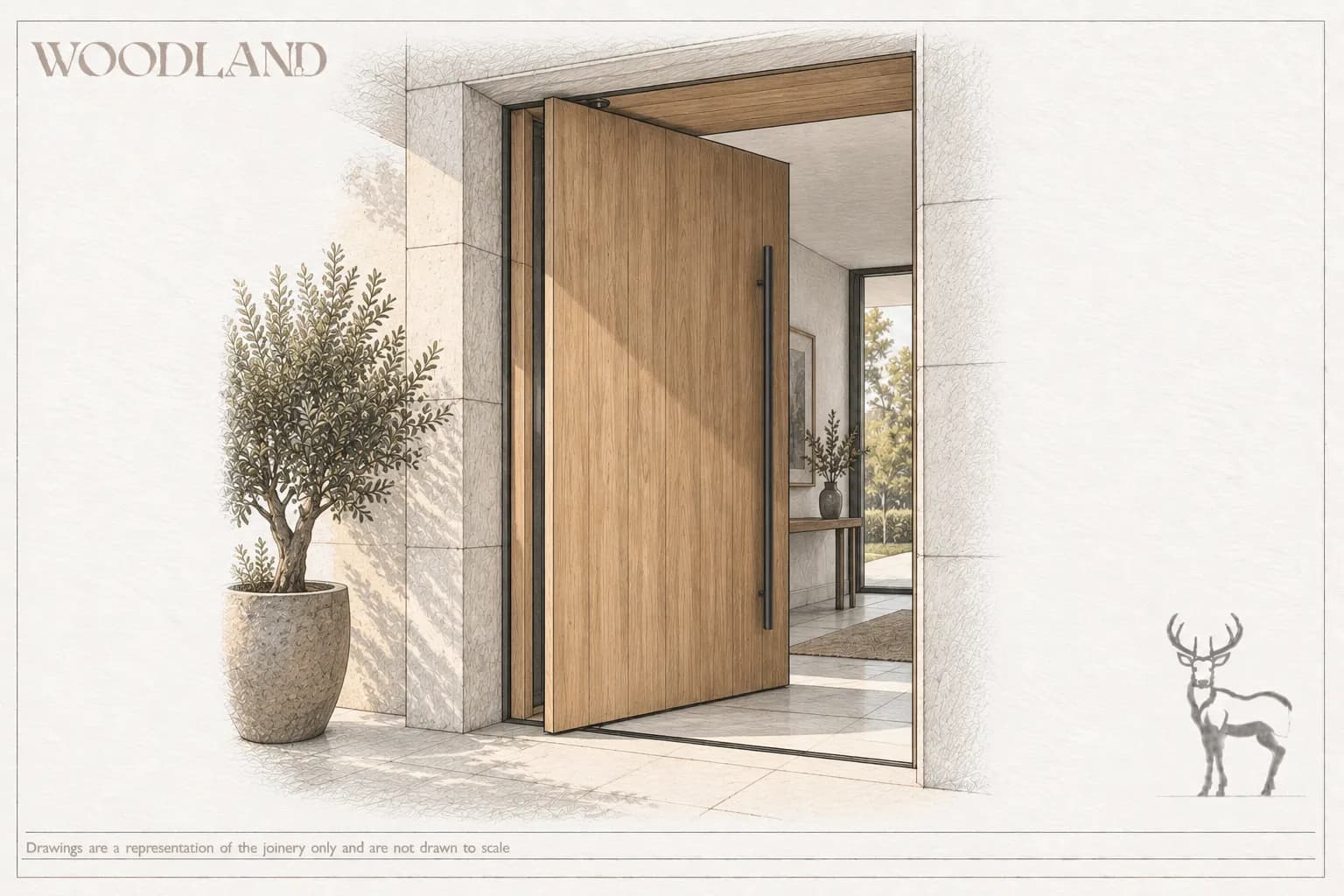 Architectural pencil drawing of a large oak pivot door standing open on its pivot at the head, with a slim black handle, an olive tree in a pot to one side and a hallway running through to a garden beyond