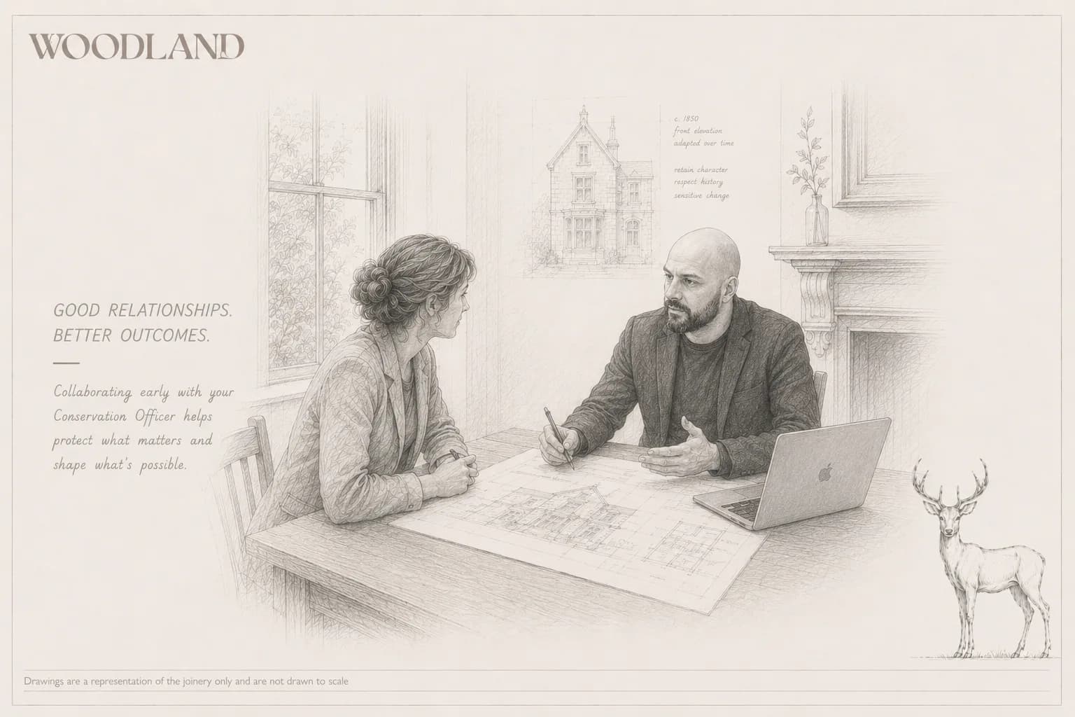 Architectural pencil drawing of two people at a table reviewing a drawn elevation together, with an annotated front elevation on the wall behind them