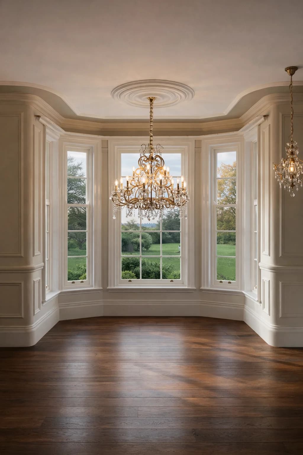 The canted bay seen from inside a panelled room, three full-height Accoya sash windows looking out over open ground