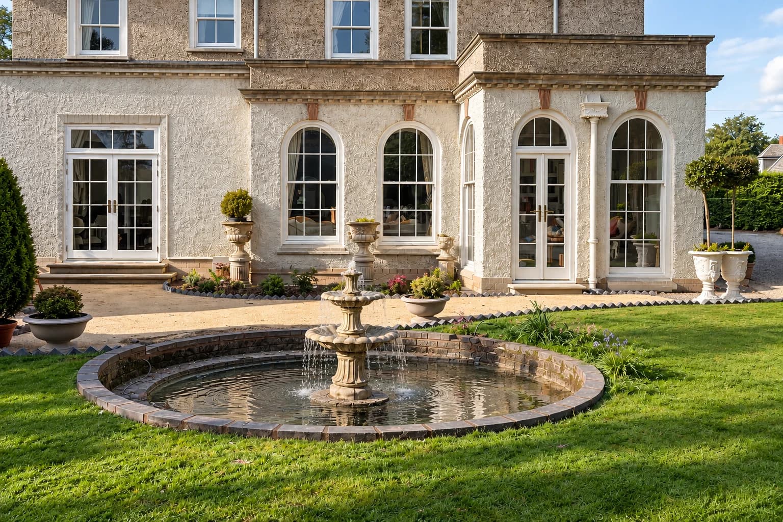 Garden front at Ombersley with arched-head Accoya sash windows and French doors opening onto a lawn, a stone fountain in the foreground