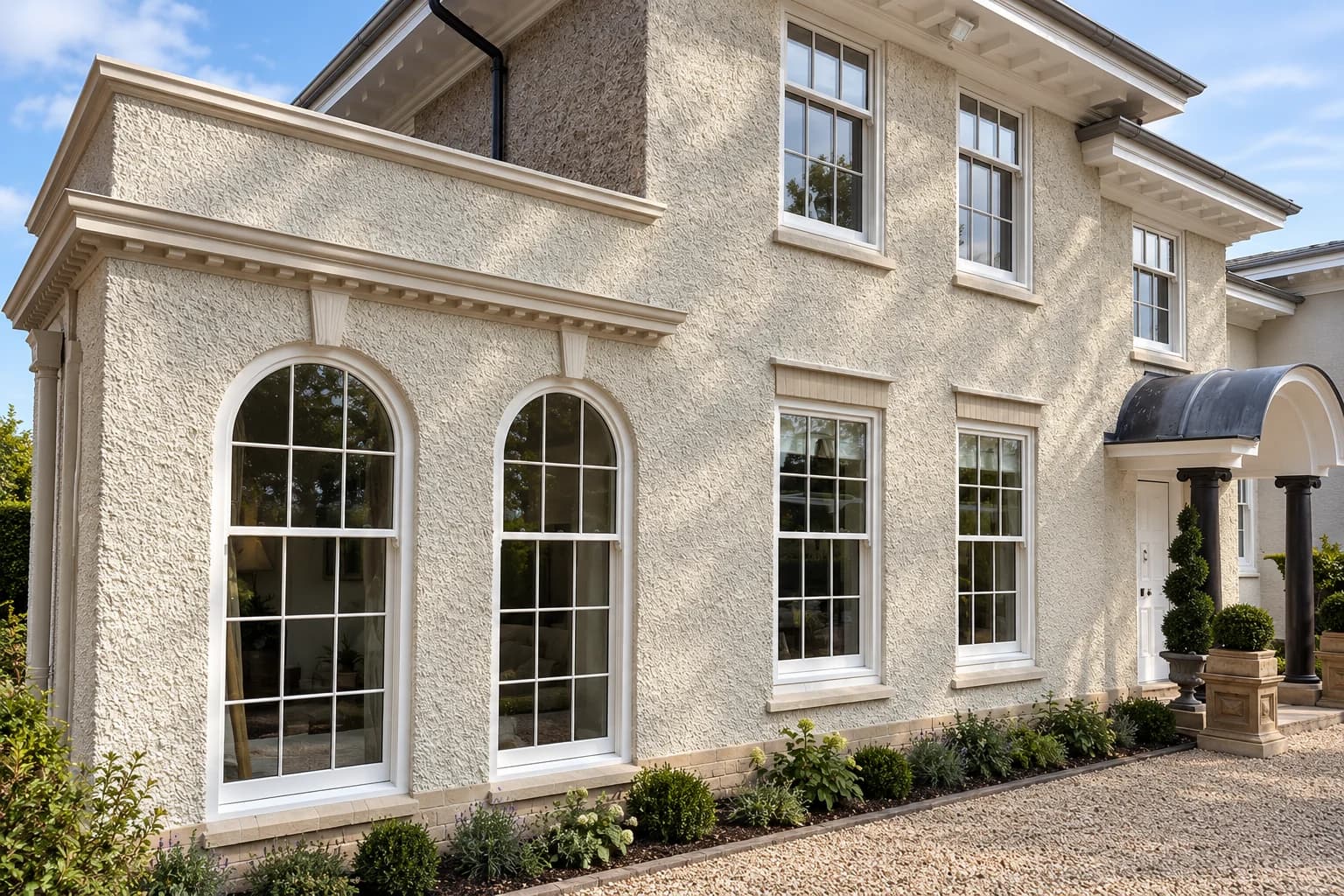 Corner elevation at Ombersley with tall arched-head Accoya sash windows, roughcast render, a deep modillion cornice and a domed columned entrance porch beyond