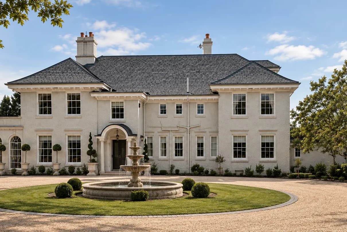 Neo-Georgian country house at Ombersley seen across a circular gravel drive and fountain, Accoya sash windows throughout and arched-head sashes to the end bay