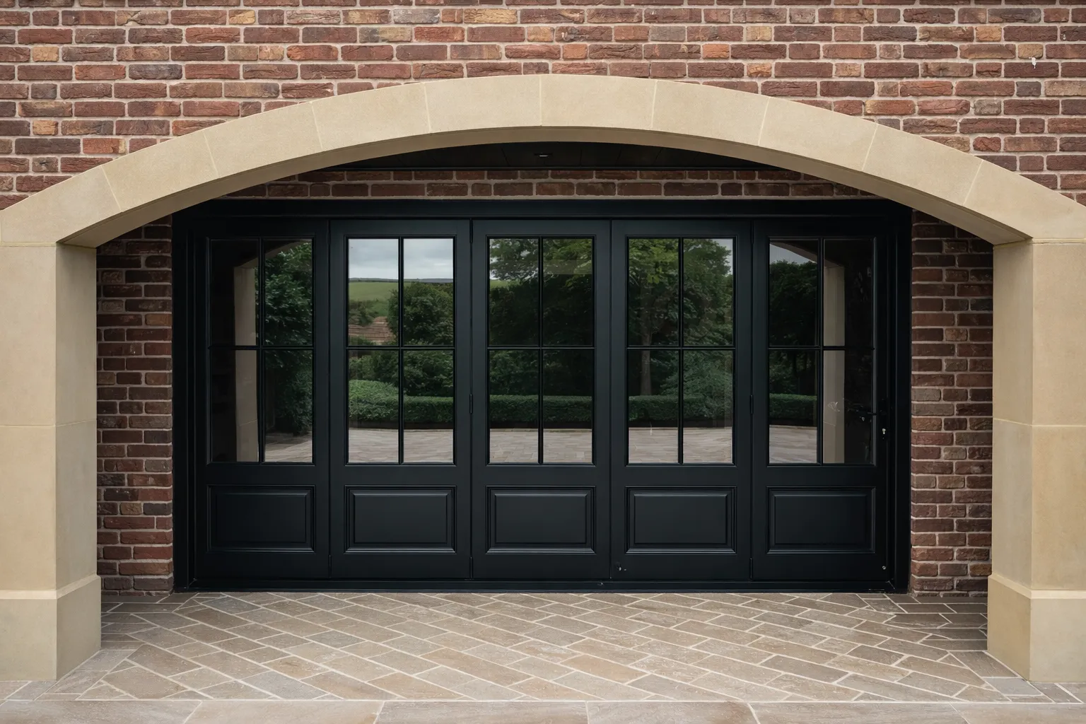 Slim-profile black Accoya five-leaf bifold doors set within a stone arch, opening a country home to the garden in Shropshire