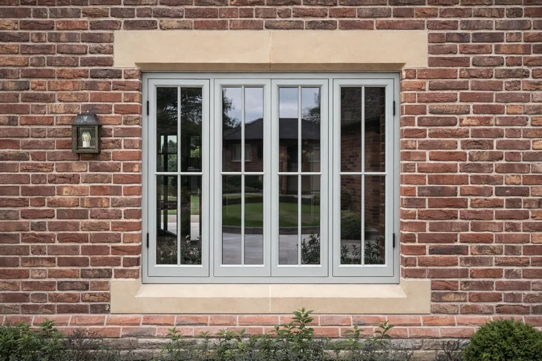 Four-light grey Accoya casement window in a brick elevation with a stone sill and head