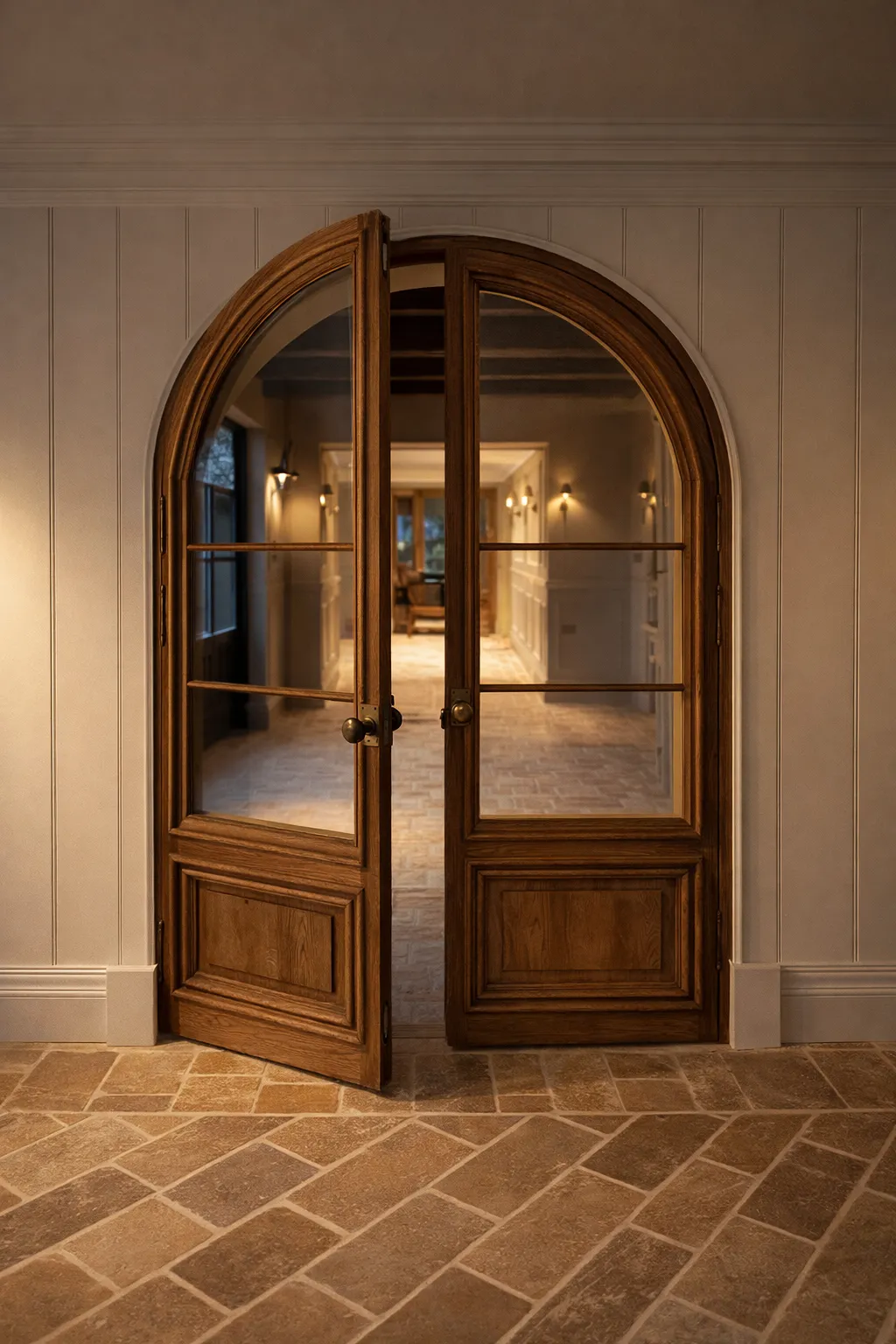 Arched glazed oak double doors leading into a stone-floored hallway