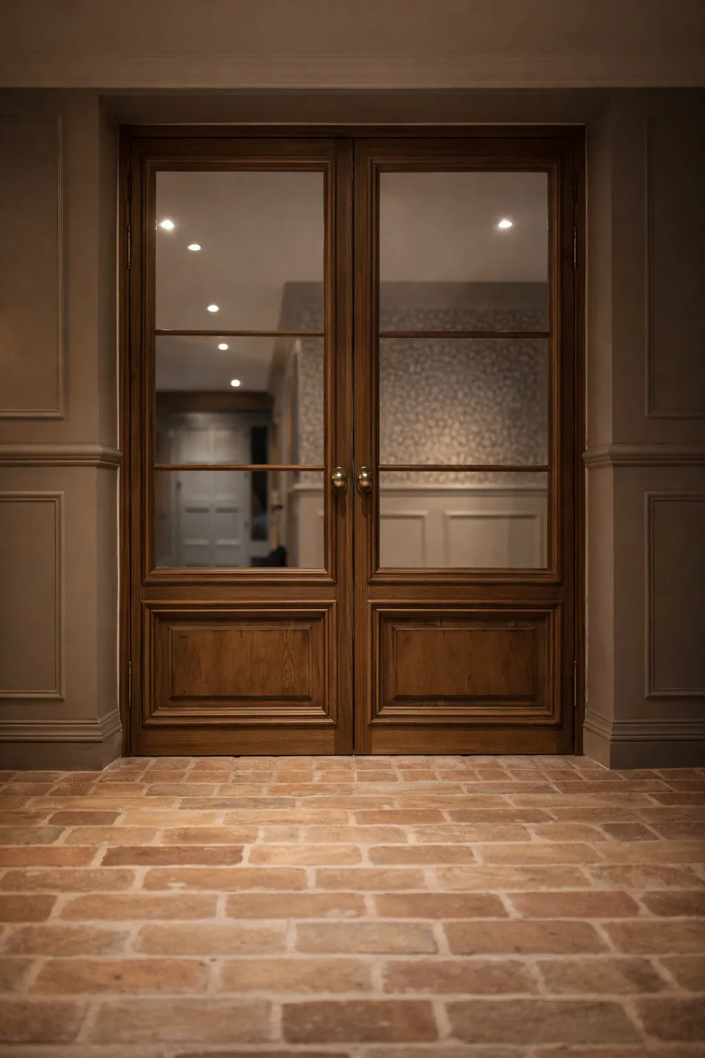 Oak-framed glazed French doors viewed from inside, leading onto a paved terrace