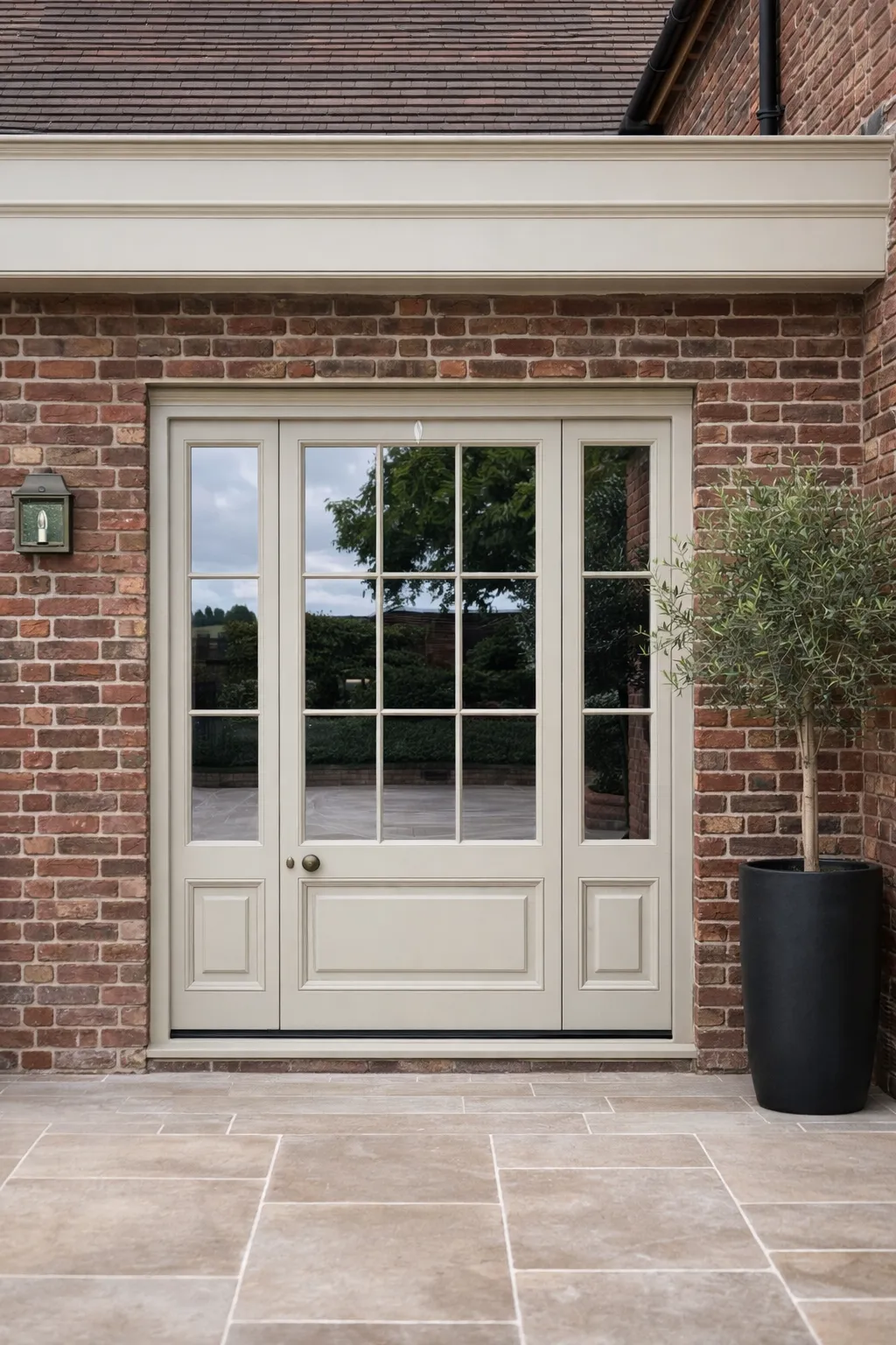 Cream half-glazed period door with flanking sidelights in a brick opening