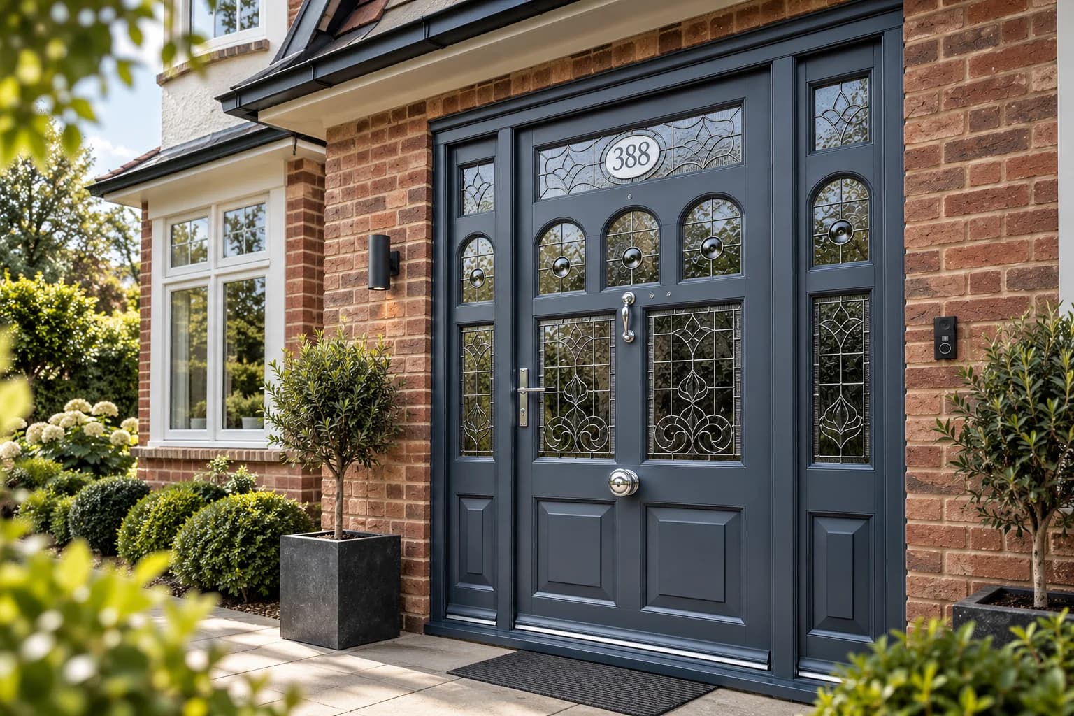 Bespoke period entrance door in deep grey Accoya with leaded and bevelled glazing, flanking sidelights and a fanlight, set in a brick elevation