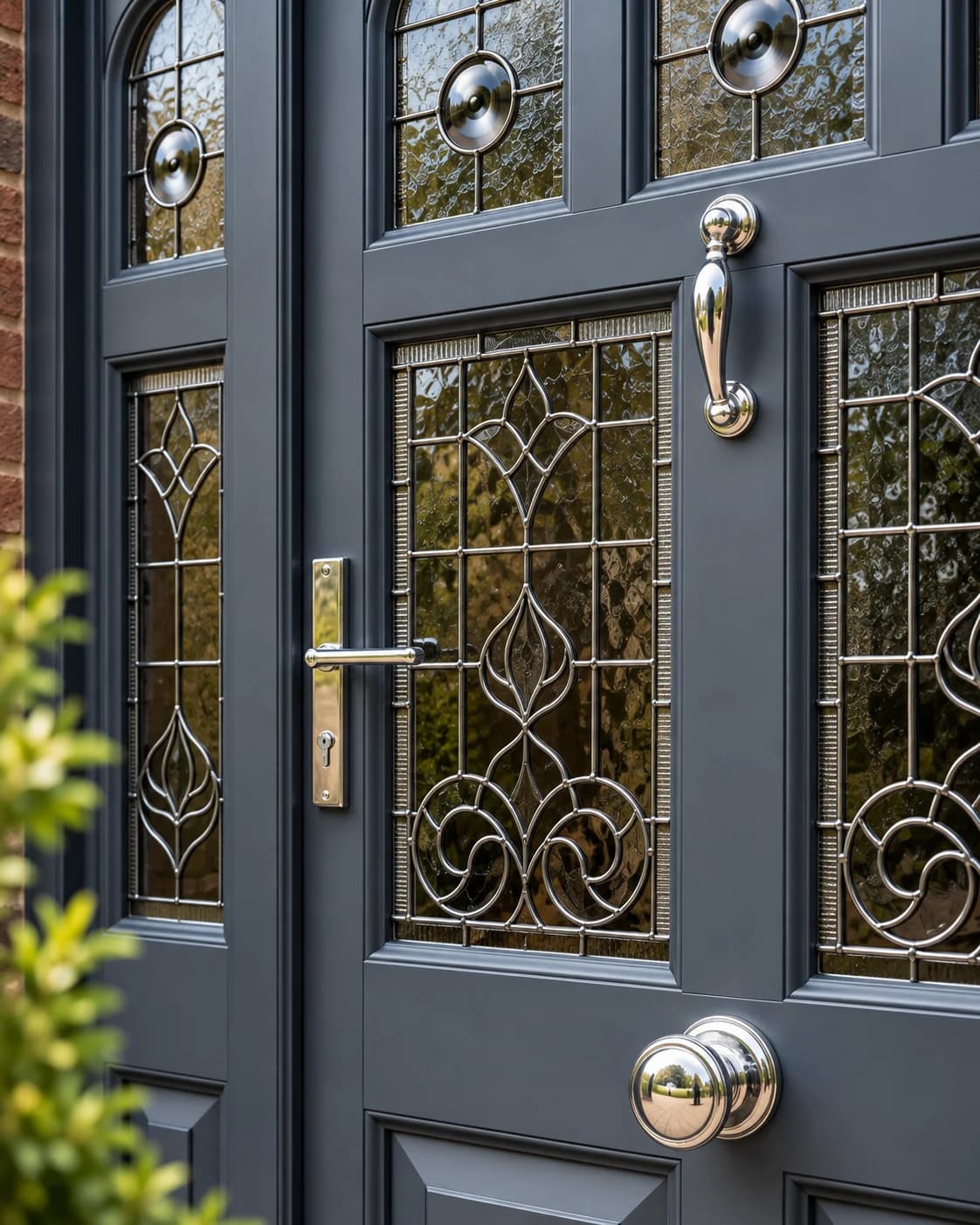 Detail of leaded and bevelled glazing in a bespoke entrance door, with polished chrome lever, knob and pull handle