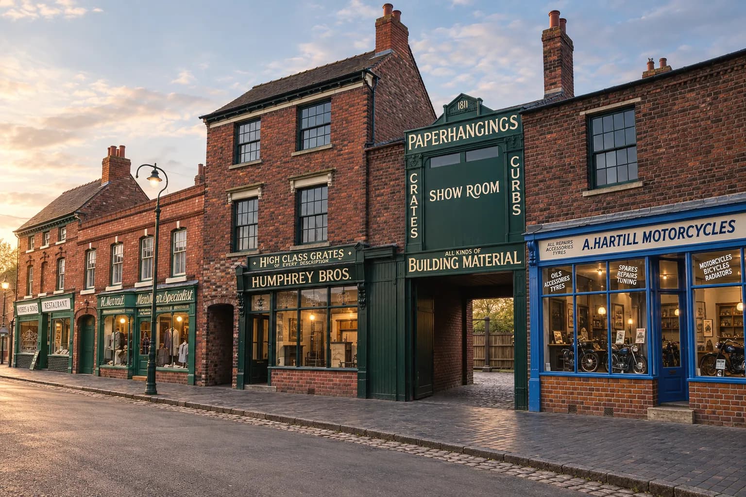 Rebuilt 1930s high street at the Black Country Living Museum — the Humphrey Bros and A. Hartill Motorcycles shopfronts from Oldbury, with Hobbs & Sons beyond