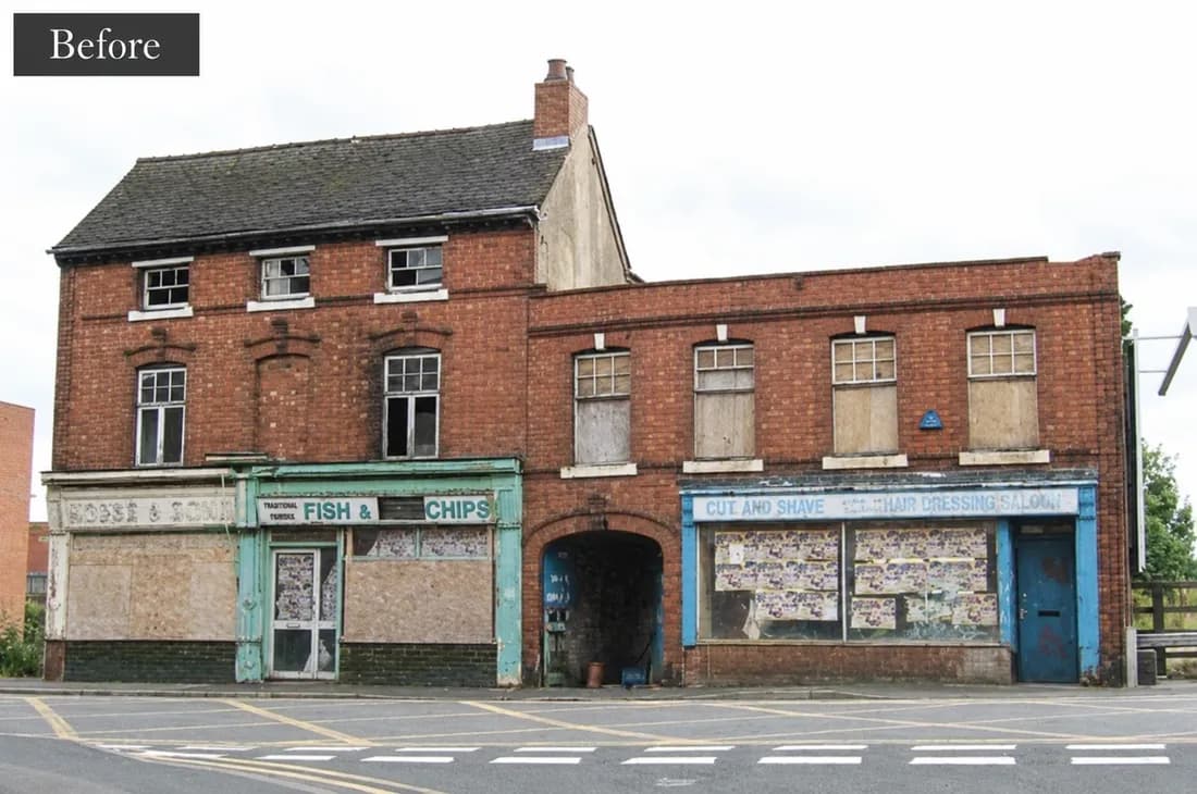 Before: the derelict Hobbs & Sons fish and chip shop and neighbouring shops in Dudley, windows boarded and joinery decayed