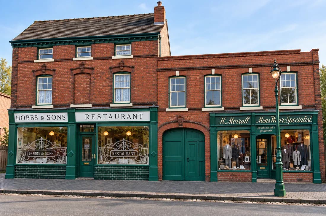 The same buildings rebuilt at the Black Country Living Museum: Hobbs & Sons restaurant, a coach-house arch and H. Morrall menswear shop in green-painted joinery