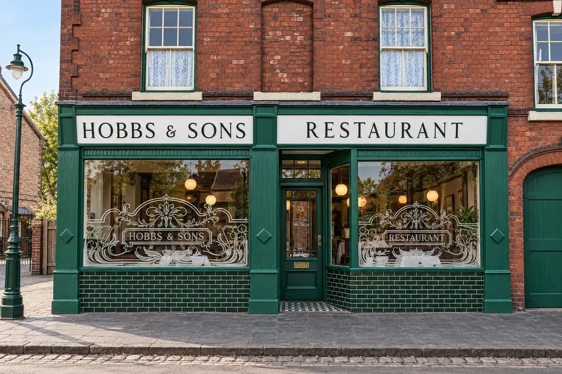 Hobbs & Sons restaurant shopfront in green-painted timber with pilasters, fascia signs and glazed shop door above green glazed-brick stallrisers